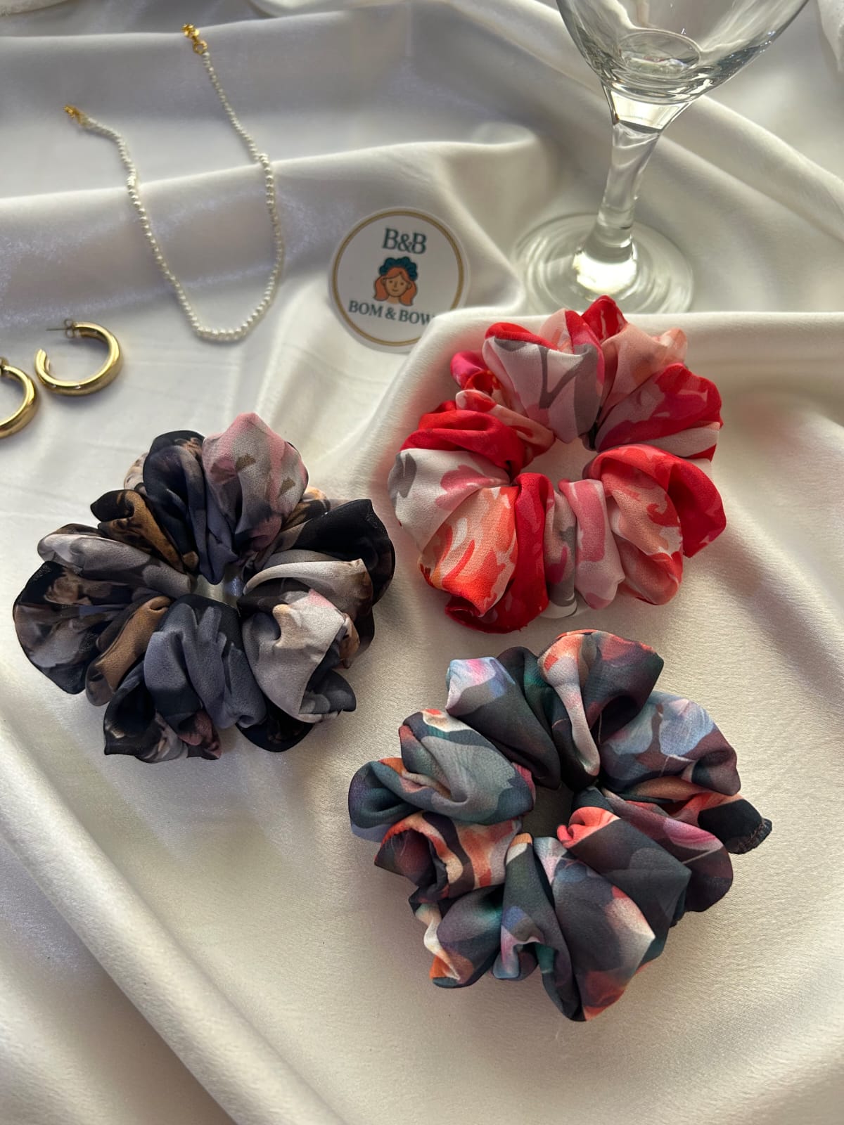Botanical Muse floral satin scrunchie trio