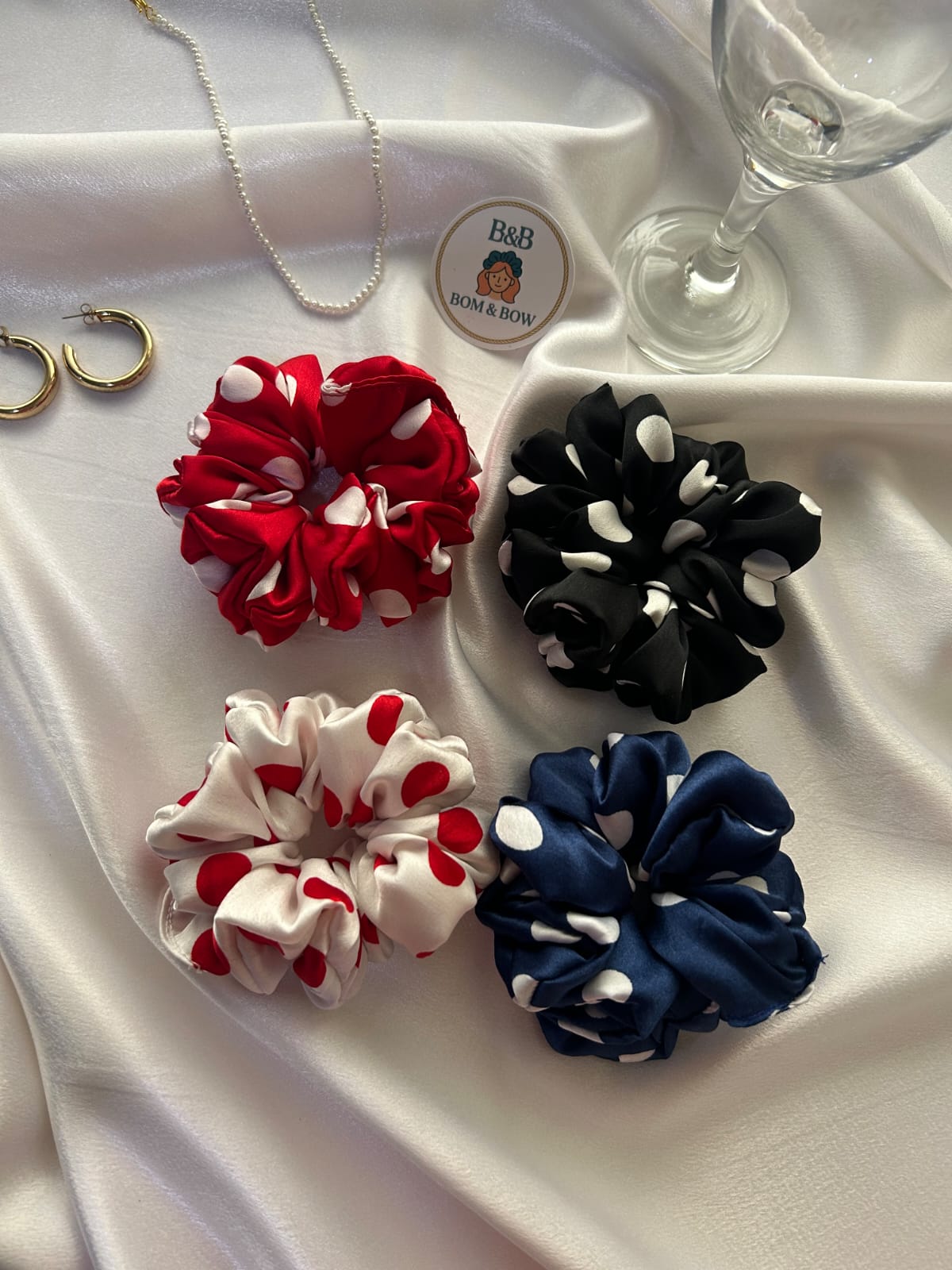 Polka dot satin scrunchie quartet