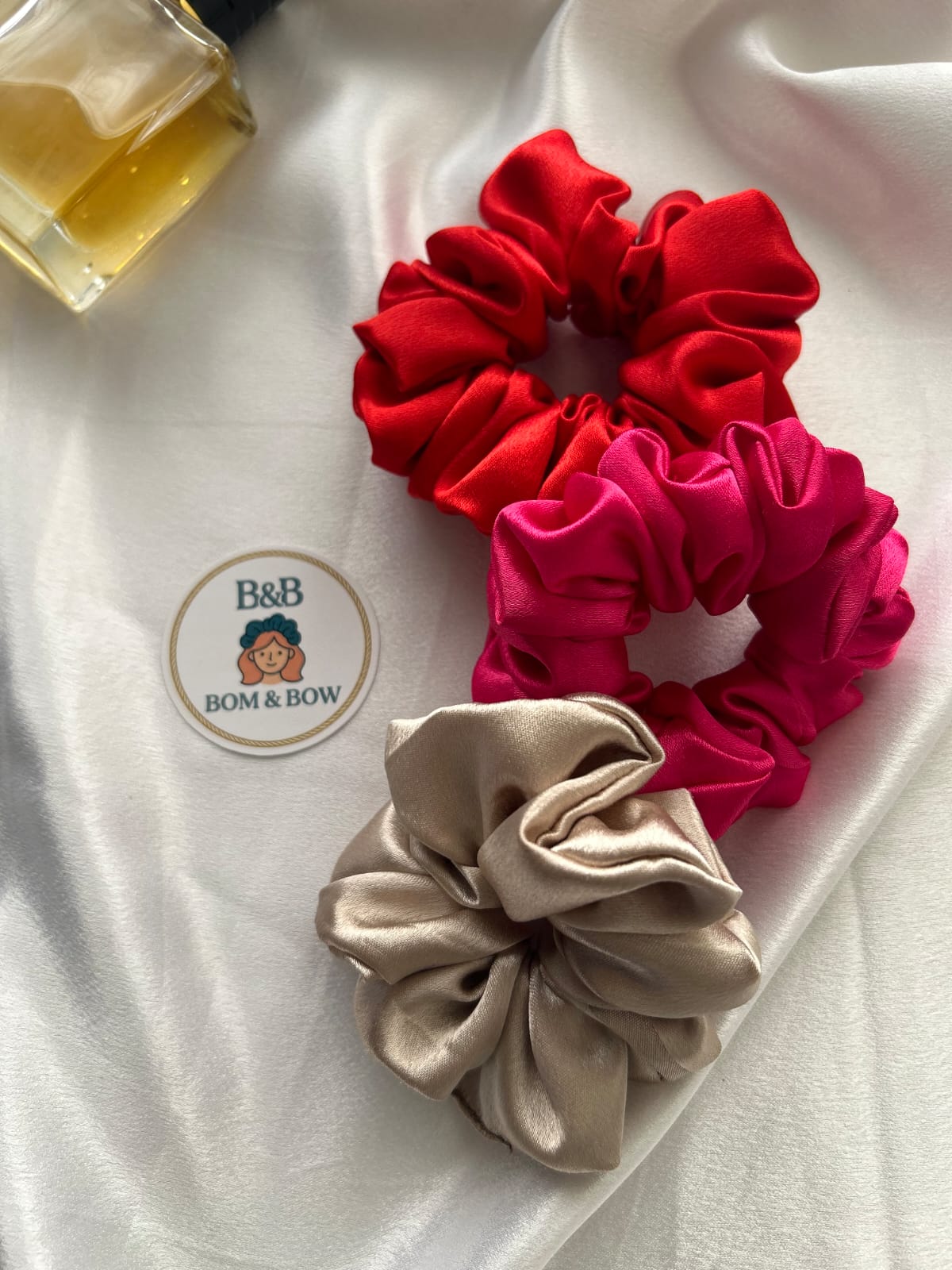 Rosé and red wine satin scrunchie trio
