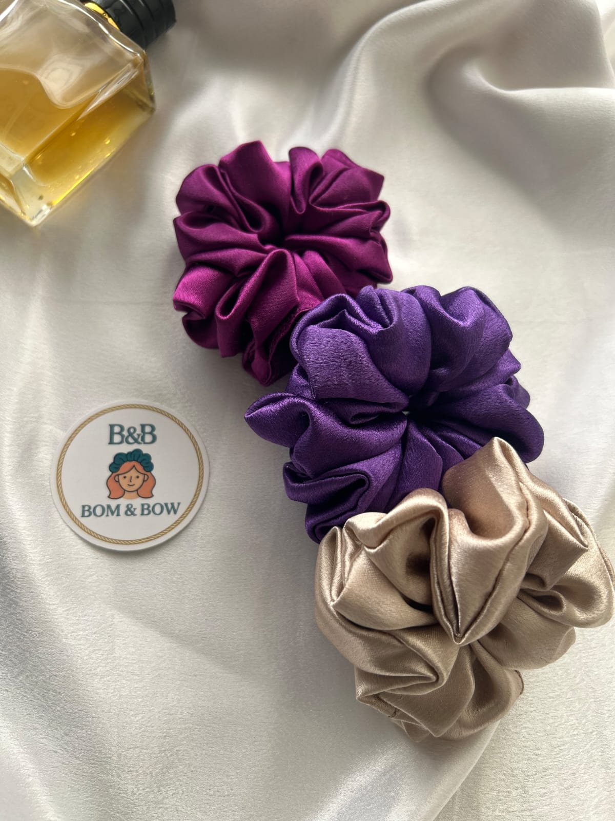 Purple satin scrunchie trio set