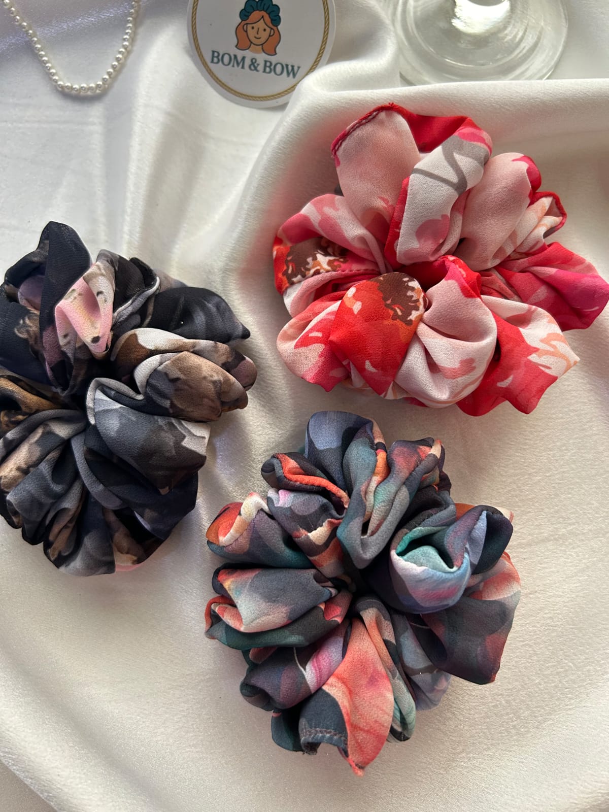 Bom and Bow floral satin scrunchies