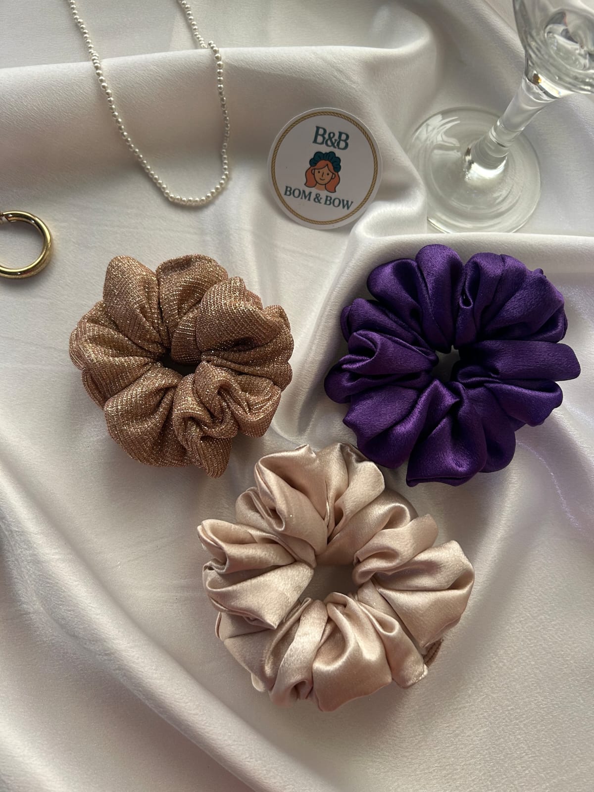 Royal Glamour satin scrunchie trio