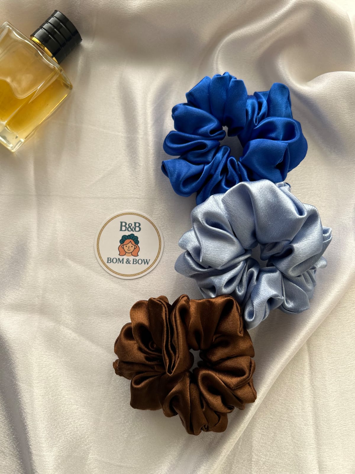 Blue and brown satin scrunchie combo