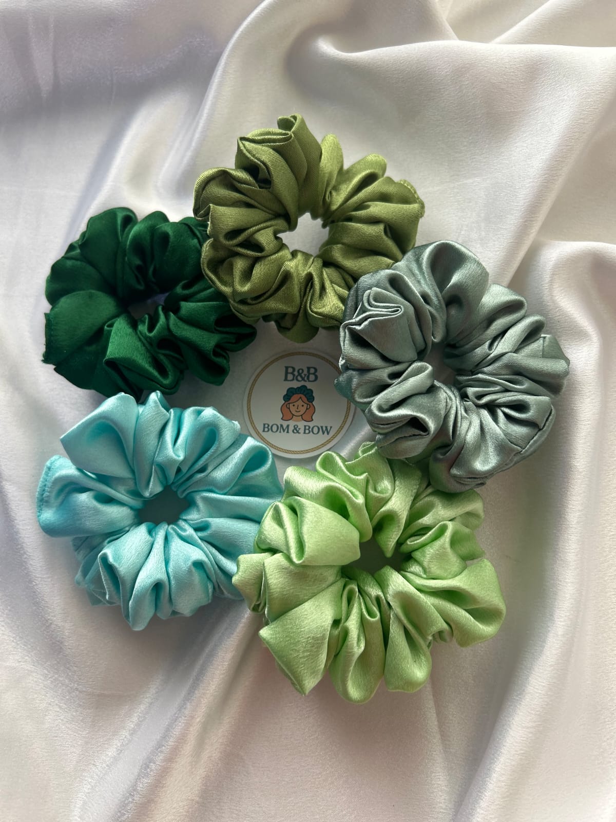 5 piece green satin scrunchie set